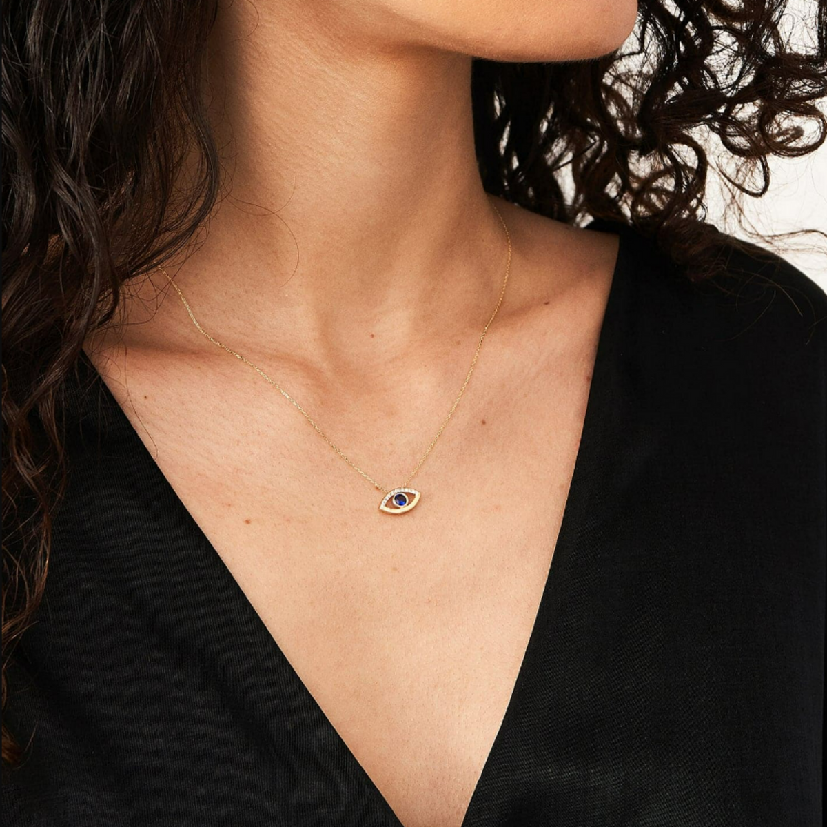 14K Gold Evil Eye Necklace, Sapphire Blue Eye Pendant, Pave Lab Diamond Protection Charm, Gift for Her