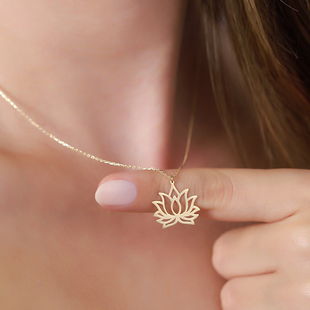 14K Gold Lotus Flower Necklace, Open Petal Lotus Pendant, Yoga Zen Charm, Symbolic Jewelry, Gift for Her