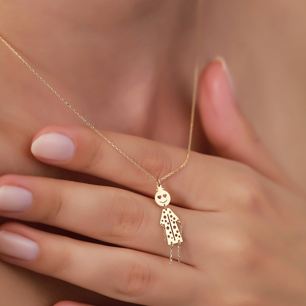 14K Gold Little Girl Charm Necklace, Whimsical Heart Eyes Doll Pendant, Polka Dot Dress Charm, Fun Gift for Her