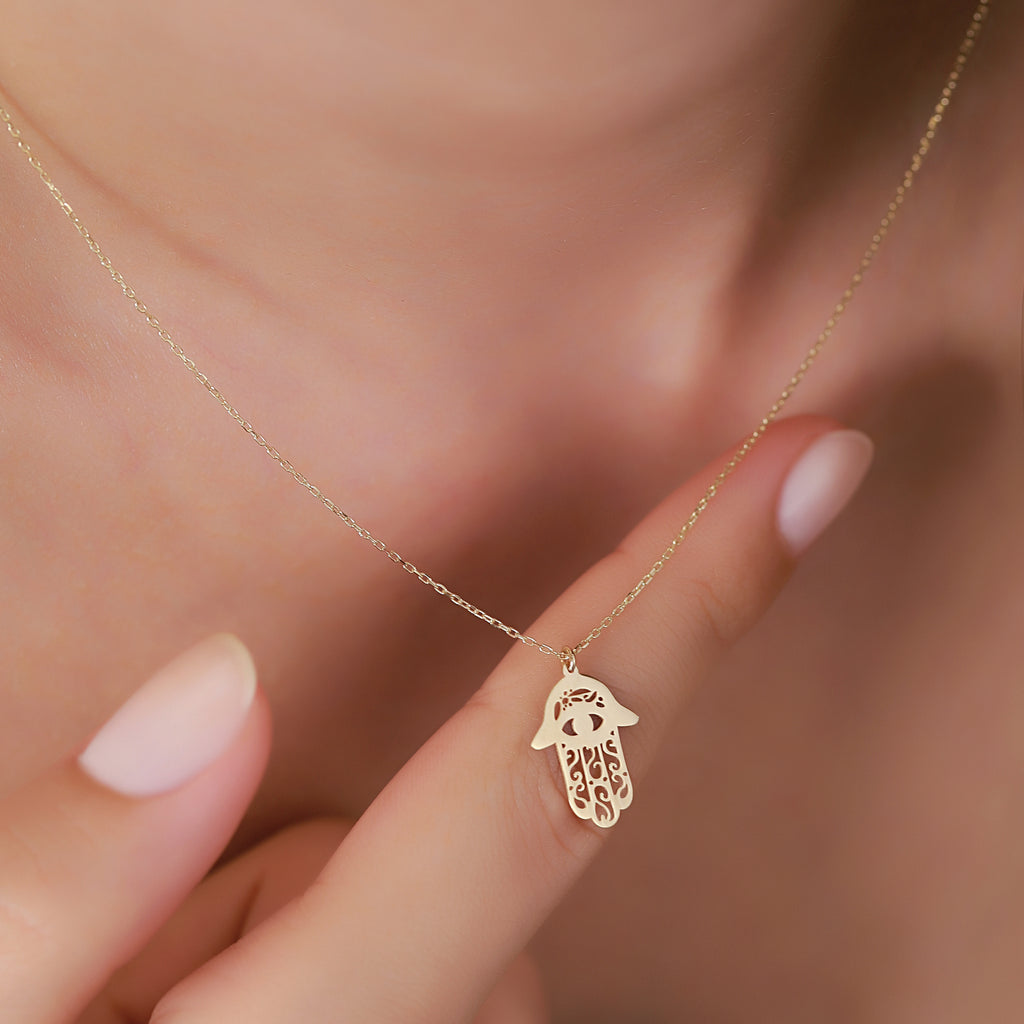 14K Gold Hamsa Necklace, Engraved Evil Eye Hand Pendant, Fatima's Hand Charm, Protection Jewelry, Gift for Her