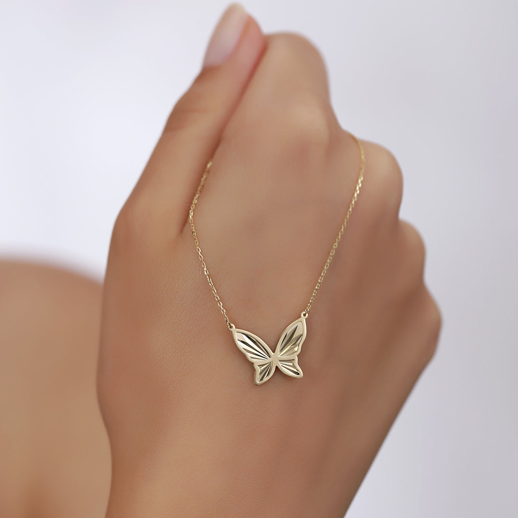 14K Gold Butterfly Necklace, Diamond Cut Butterfly Pendant, Dainty Sideways Charm, Nature Jewelry, Gift for Her