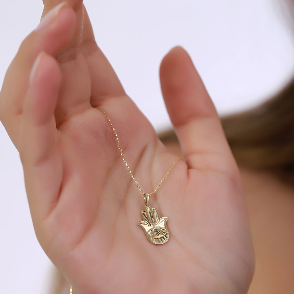 14K Gold Hamsa Necklace, Diamond Cut Evil Eye Hand Pendant, Fatima's Hand Charm, Protection Jewelry, Gift for Her