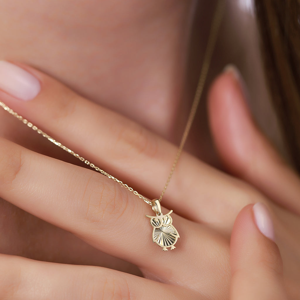 14K Gold Owl Necklace, Diamond Cut Owl Pendant, Wisdom Bird Charm, Symbolic Jewelry, Gift for Her