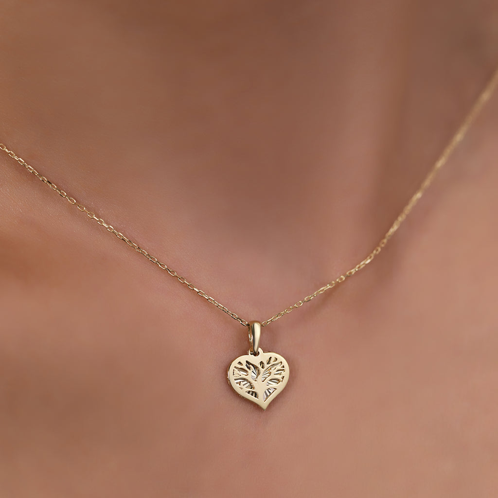 14K Gold Tree of Life Heart Necklace, Diamond Cut Heart Pendant, Family Tree Charm, Meaningful Gift for Her