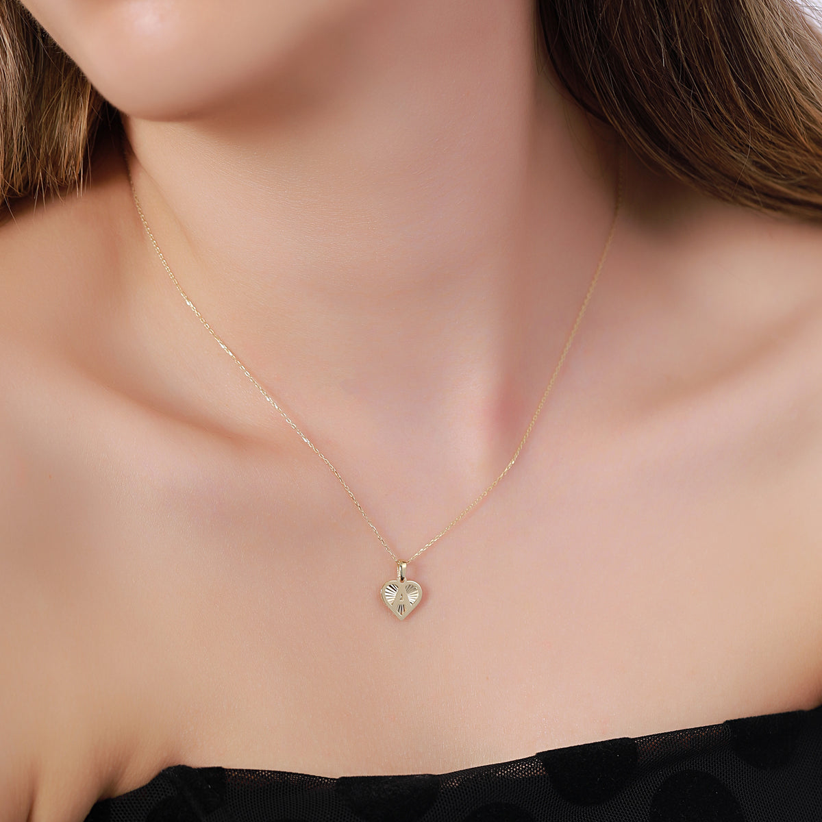 14K Gold Initial Heart Necklace, Diamond Cut Letter A-Z Pendant, Personalized Heart Charm, Custom Gift for Her