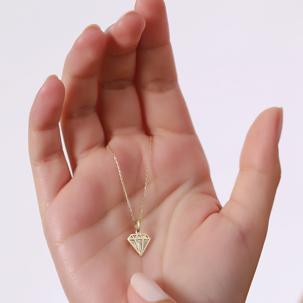 14K Gold Diamond Shape Necklace, Diamond Cut Geometric Pendant, Dainty Faceted Charm, Modern Jewelry, Gift for Her