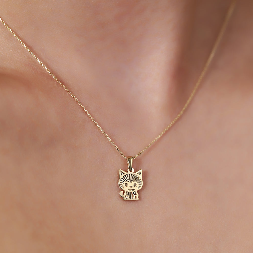 14K Gold Cat Necklace, Diamond Cut Kitten Charm, Cute Cartoon Cat Pendant, Playful Jewelry, Gift for Her