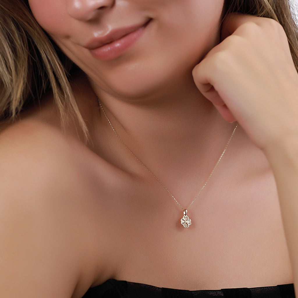 14K Gold Four Leaf Clover Necklace, Diamond Cut Lucky Clover Pendant, Dainty Charm, Good Luck Gift for Her