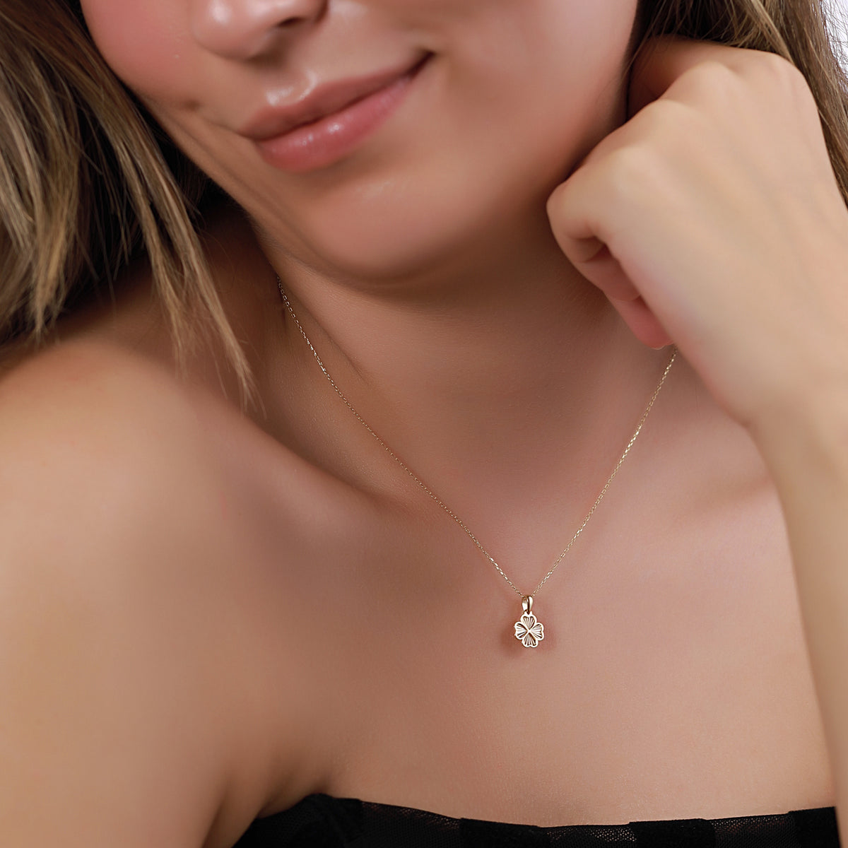 14K Gold Four Leaf Clover Necklace, Diamond Cut Lucky Clover Pendant, Dainty Charm, Good Luck Gift for Her
