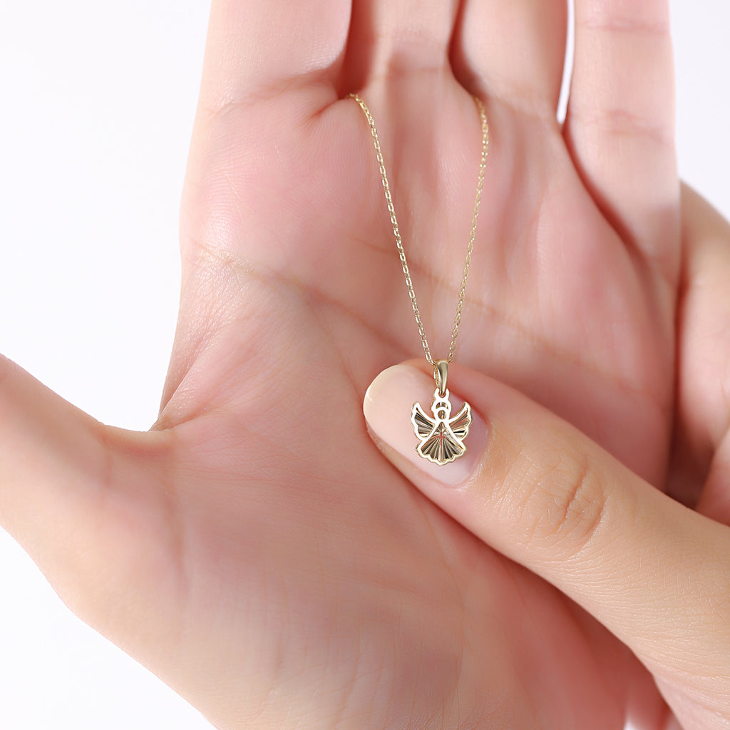 14K Gold Guardian Angel Necklace, Diamond Cut Angel Cross Pendant, Faith Charm, Baptism Confirmation Gift for Her