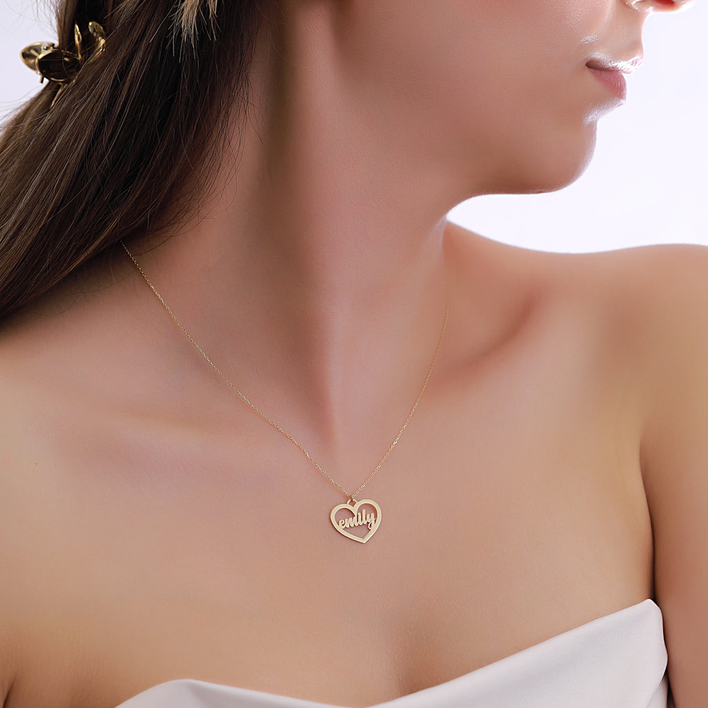 14K Gold Name Necklace in Heart, Custom Script Name Pendant, Personalized Heart Necklace, Gift for Her