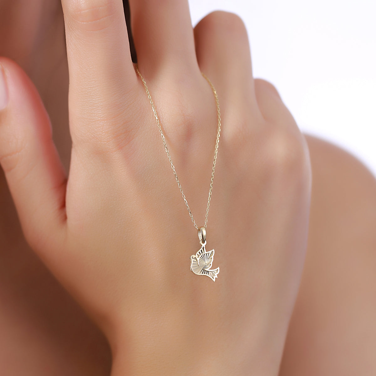 14K Gold Dove Necklace, Diamond Cut Peace Dove Pendant, Symbolic Bird Charm, Dainty Faith Jewelry, Gift for Her