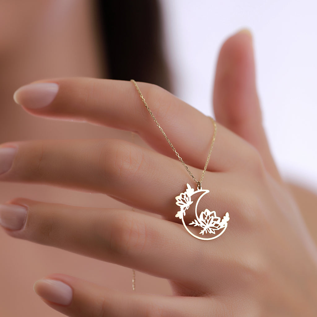 14K Gold Moon Flower Necklace, Crescent Moon Floral Pendant, Celestial Lotus Charm, Boho Necklace, Gift for Her