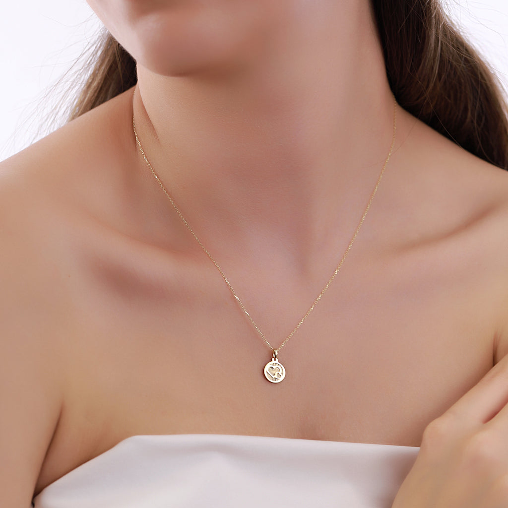 14K Gold Heart Medallion Necklace, Diamond Cut Double Heart Coin Pendant, Dainty Round Disc Necklace, Valentine's Gift for Her