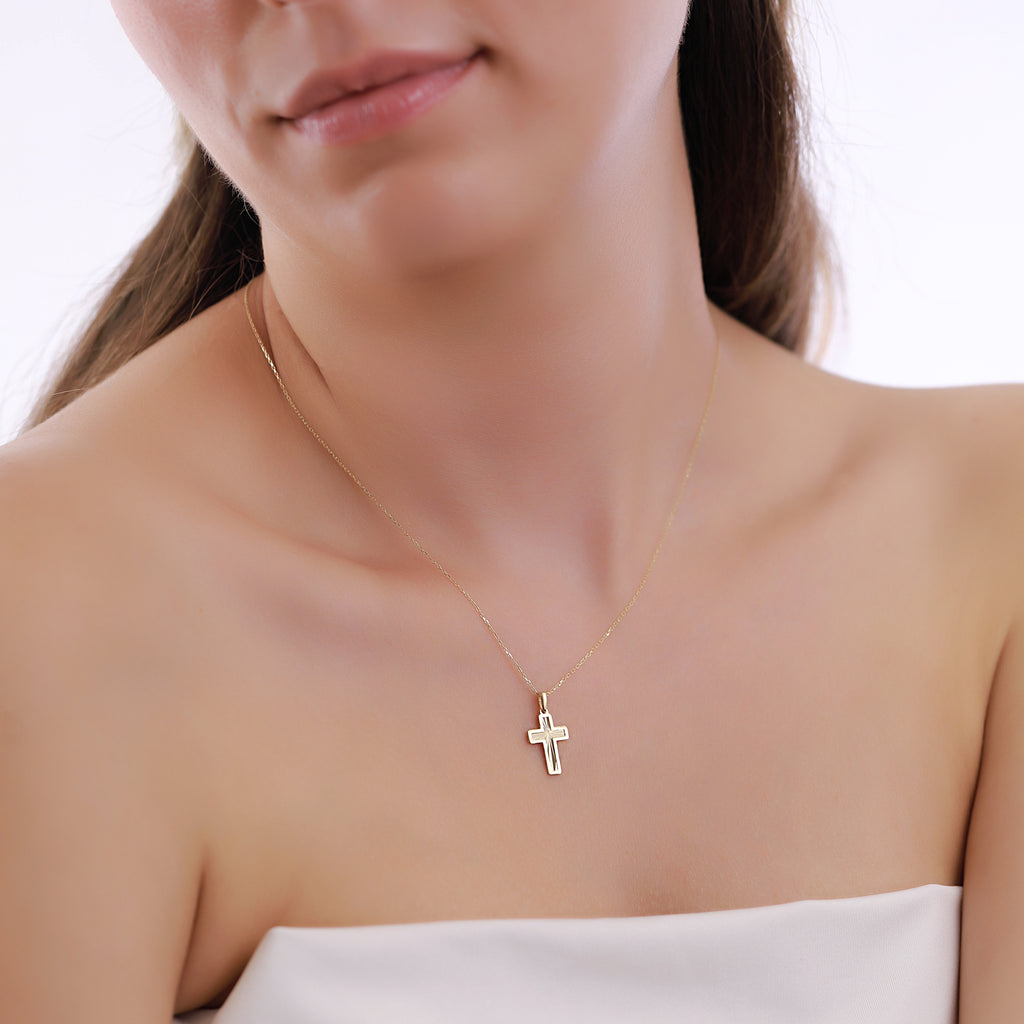 14K Gold Diamond Cut Cross Necklace, Framed Cross Pendant, Dainty Faith Jewelry, Baptism Confirmation Gift for Her