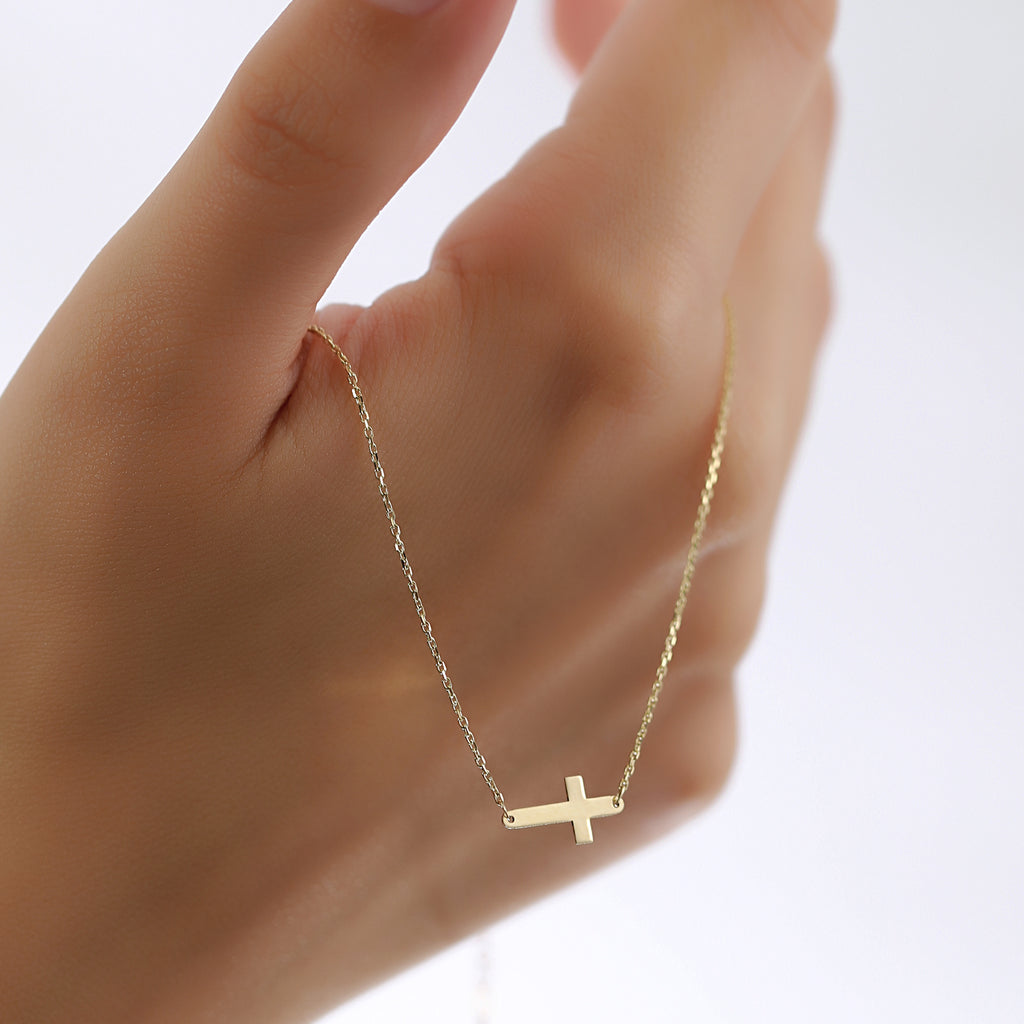 14K Gold Sideways Cross Necklace, Minimalist Horizontal Cross Pendant, Dainty Faith Charm, Gift for Her