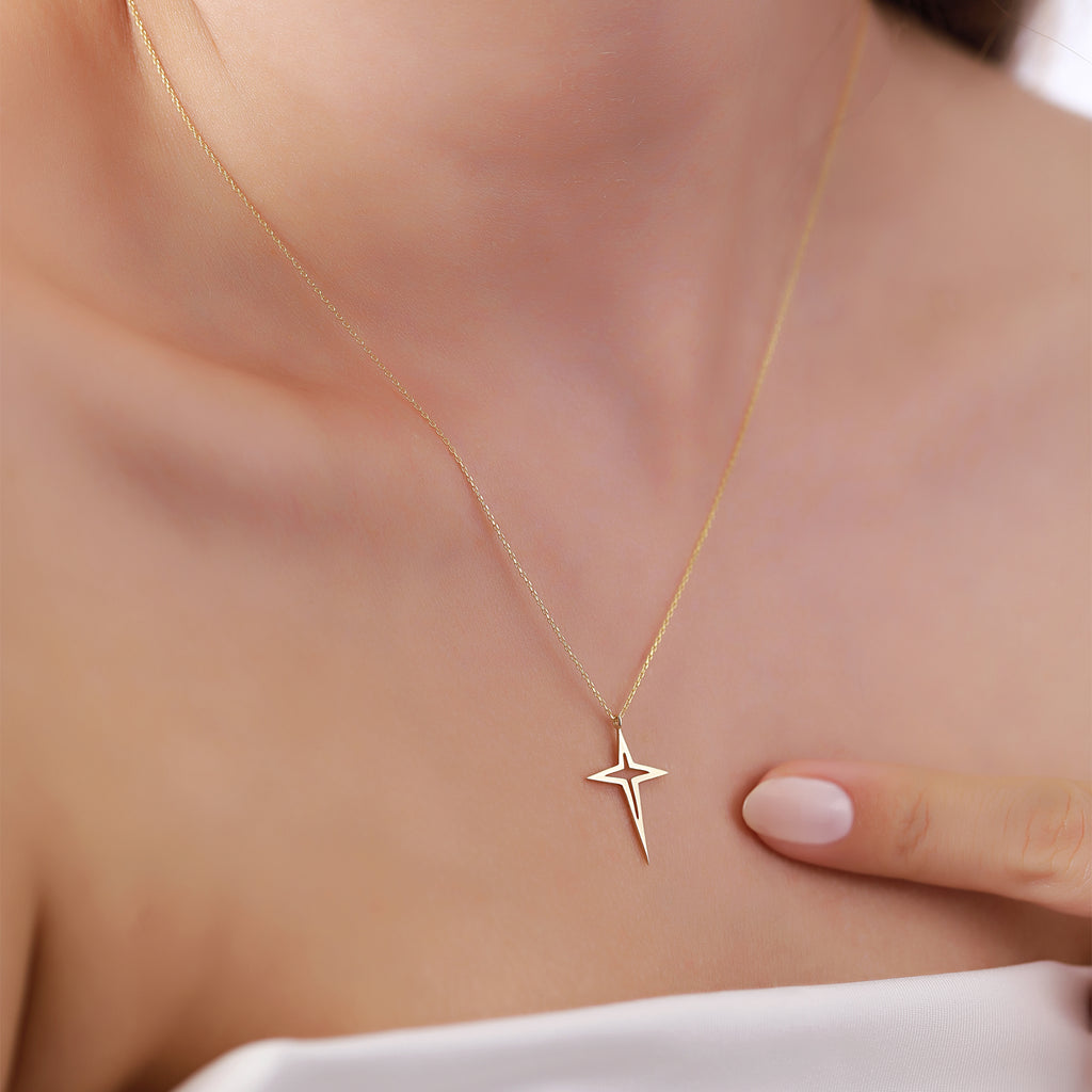 14K Gold North Star Necklace, Sparkle Star Cross Pendant, Open Star Charm, Modern Celestial Jewelry, Gift for Her