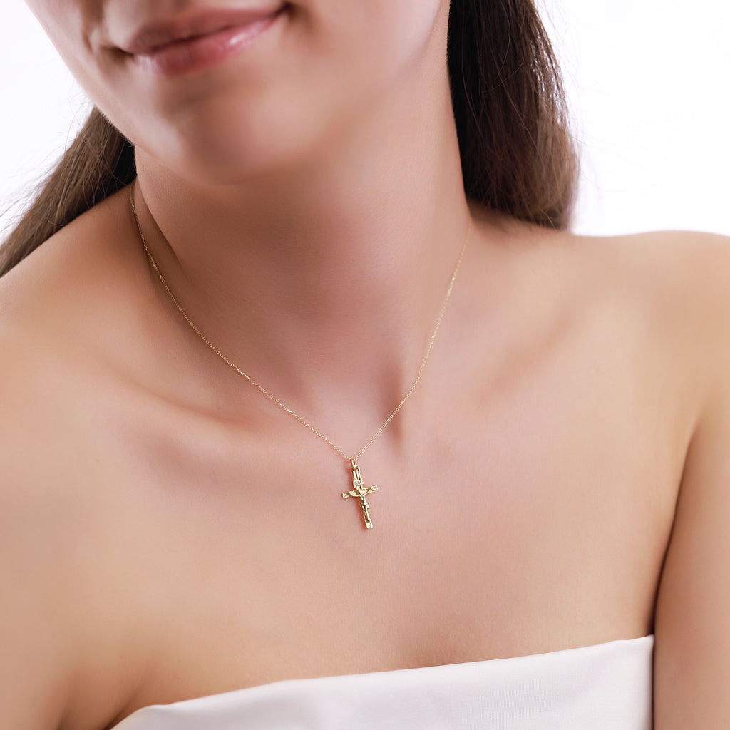 14K Gold Crucifix Necklace, INRI Jesus Cross Pendant, Traditional Catholic Charm, Faith Gift for Her