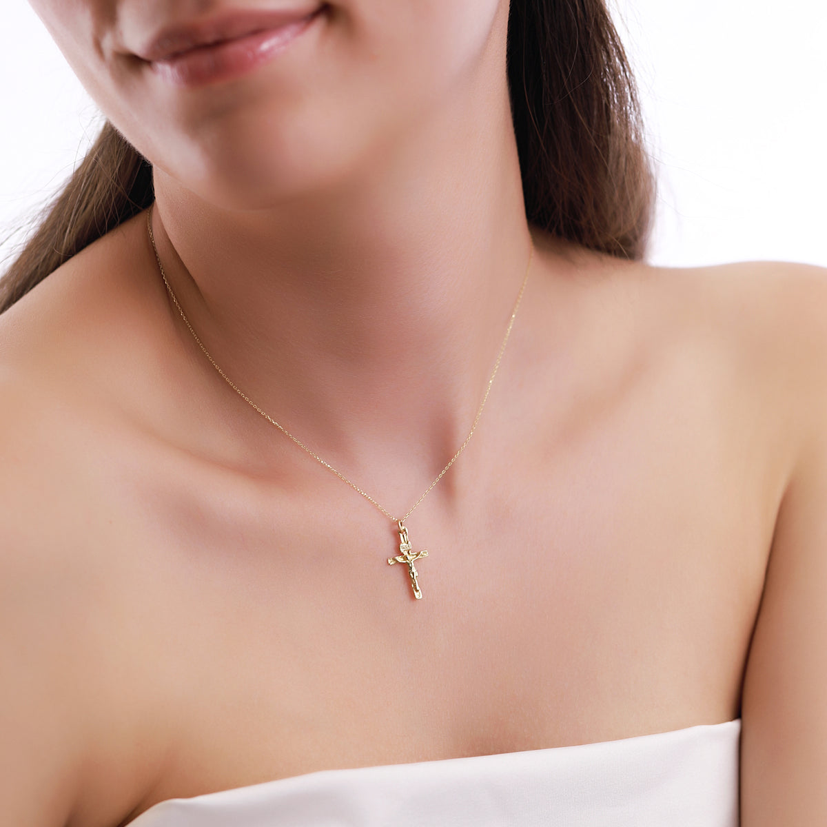 14K Gold Crucifix Necklace, INRI Jesus Cross Pendant, Traditional Catholic Charm, Faith Gift for Her