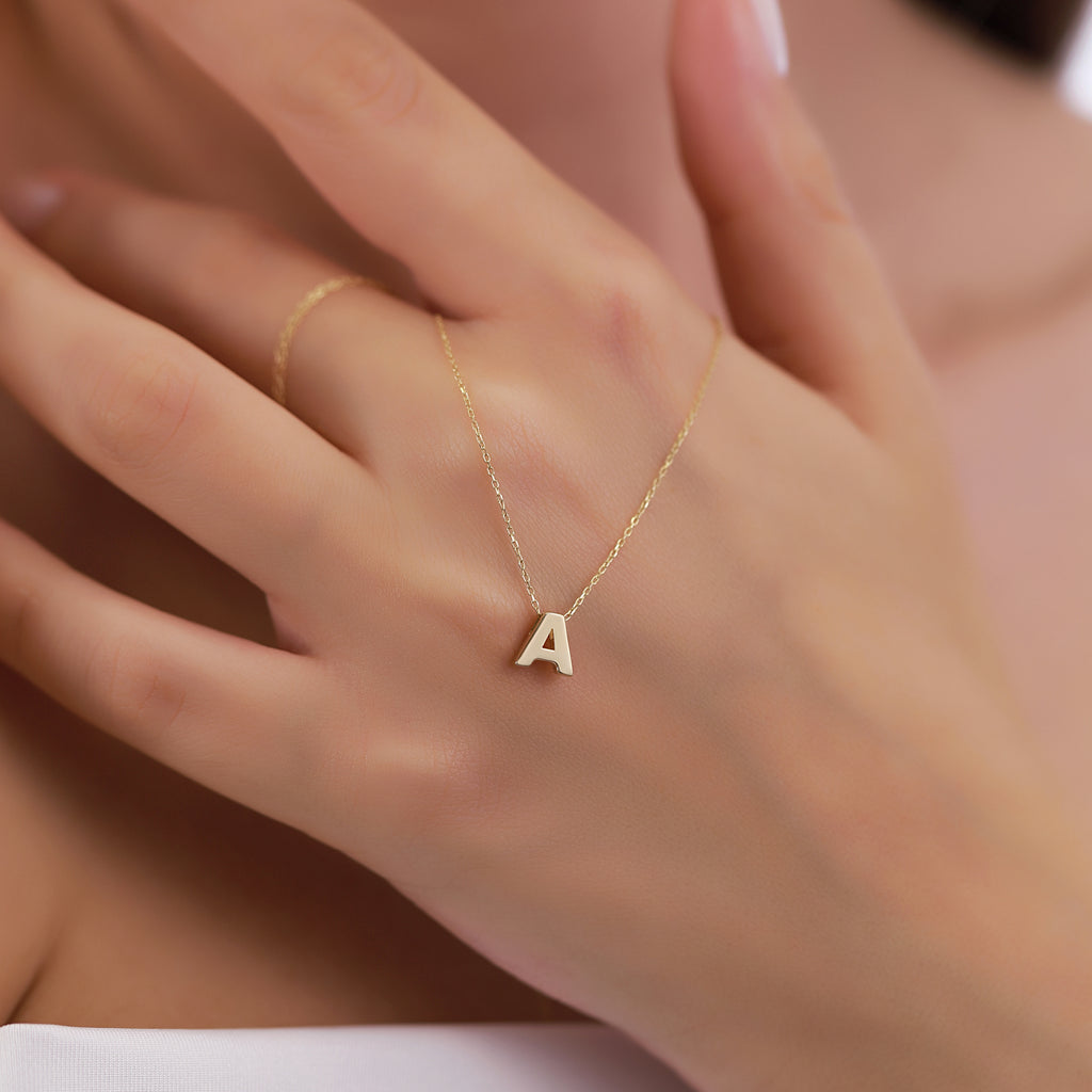 14K Gold Initial Letter Necklace, Solid Gold Letter A Pendant, Personalized Block Letter Charm, Gift for Her