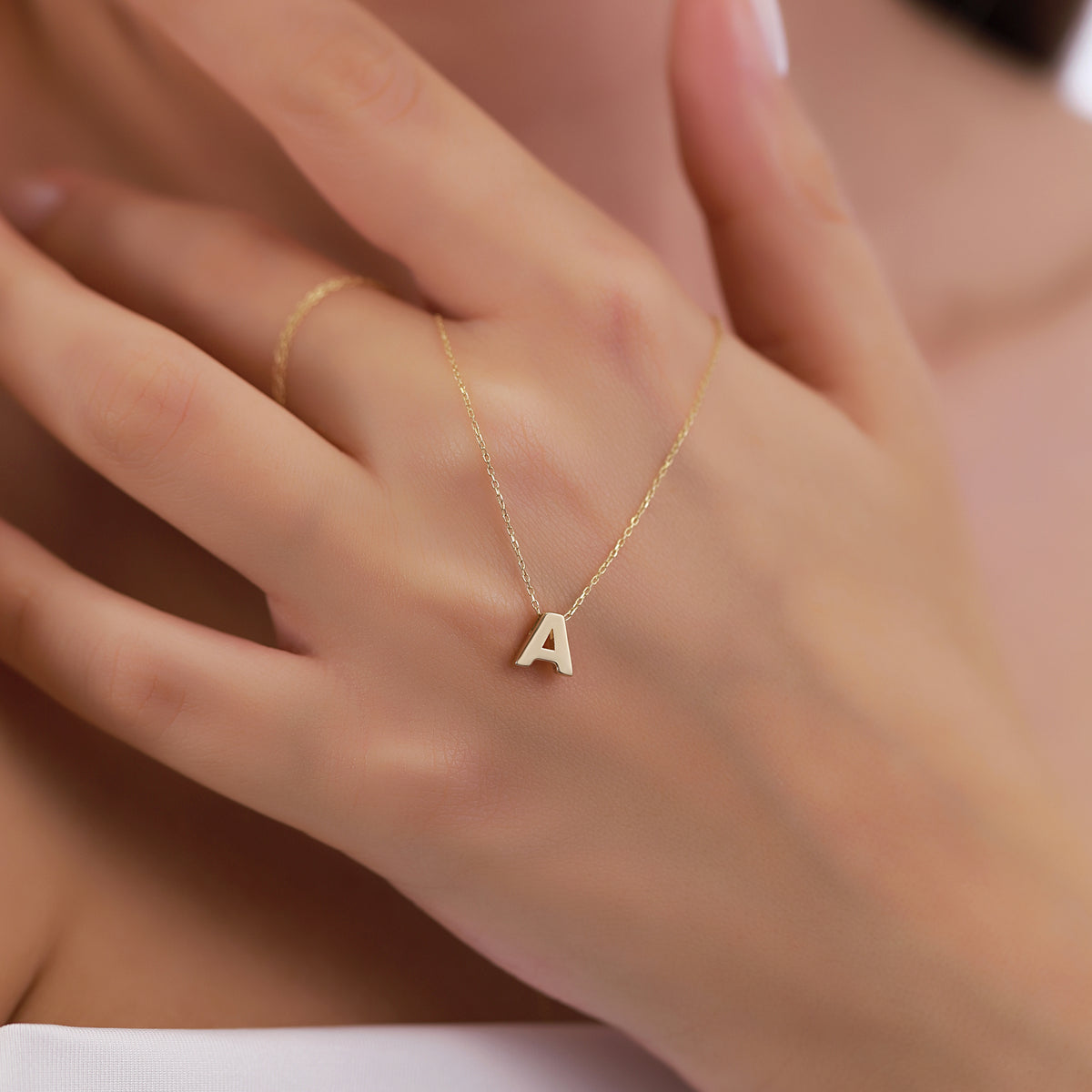14K Gold Initial Letter Necklace, Solid Gold Letter A Pendant, Personalized Block Letter Charm, Gift for Her