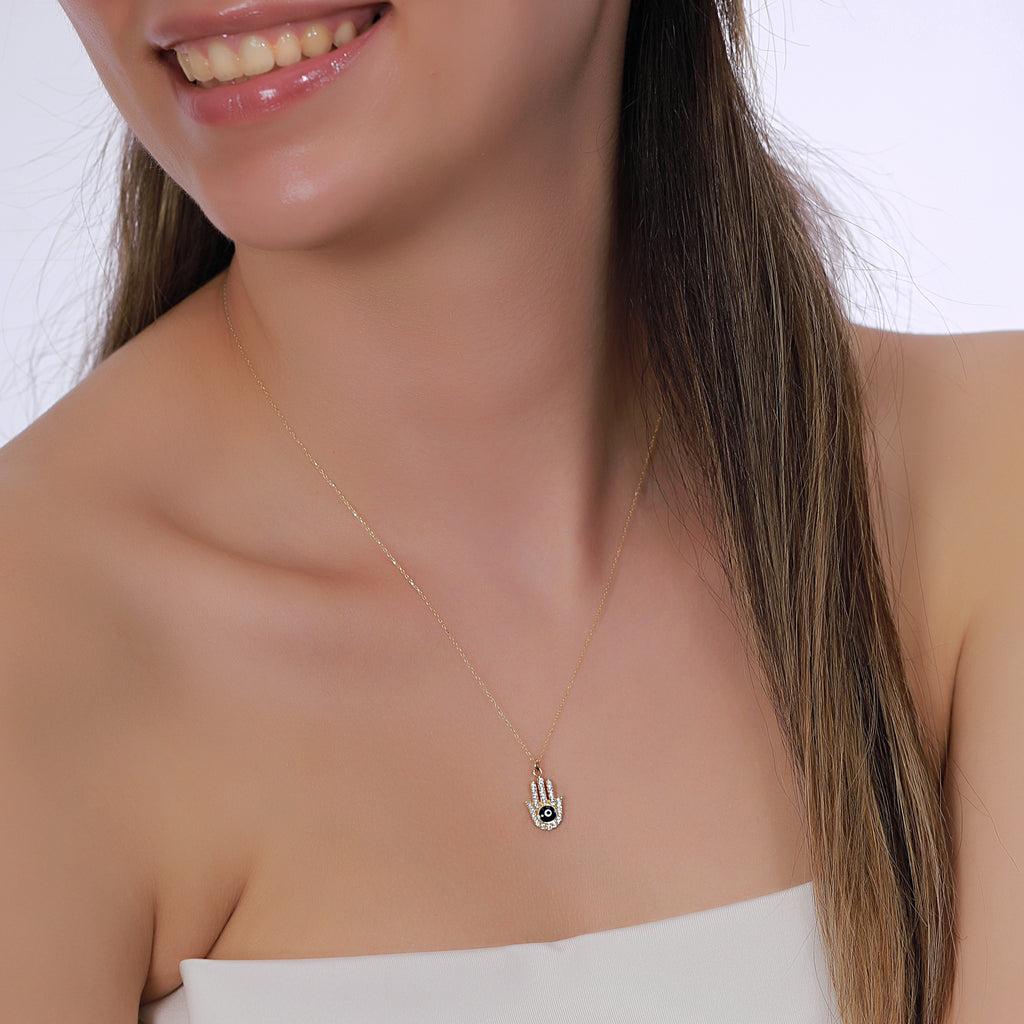 14K Gold Pave Hamsa Necklace, CZ Evil Eye Hand Pendant, Black Enamel Eye Charm, Protection Jewelry, Gift for Her