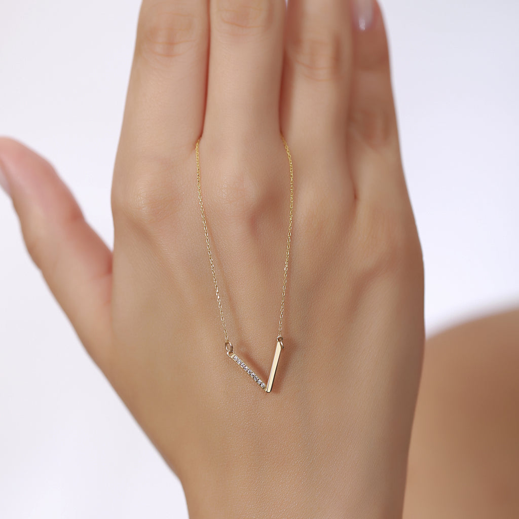 14K Gold Lab Diamond V Necklace, Half Pave Chevron Bar Pendant, Minimalist Geometric Charm, Gift for Her