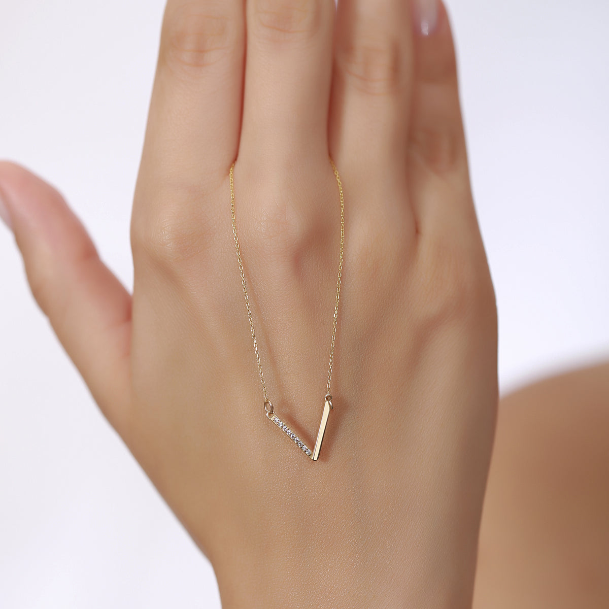 14K Gold Lab Diamond V Necklace, Half Pave Chevron Bar Pendant, Minimalist Geometric Charm, Gift for Her