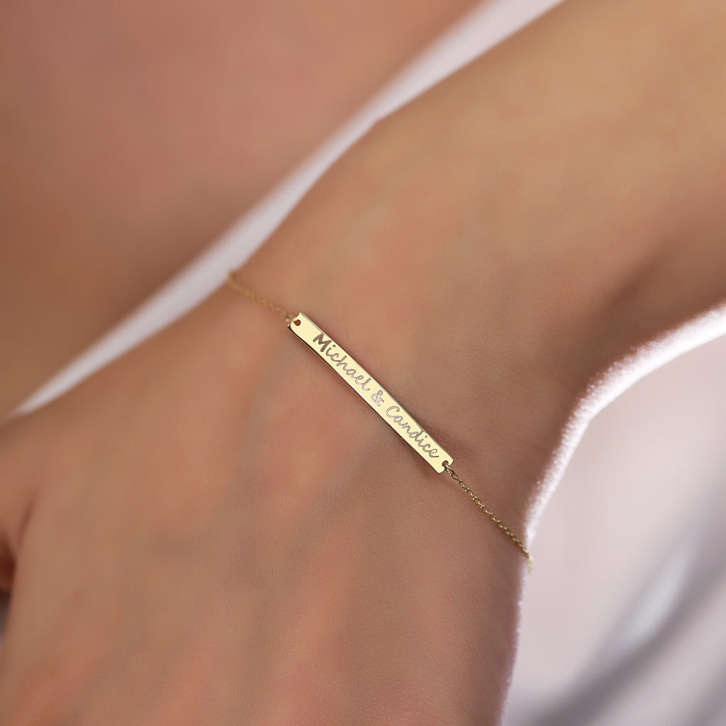 14K Gold Custom Name Bar Bracelet, Engraved Couples Bracelet, Personalized Text Chain Bracelet, Meaningful Gift for Her