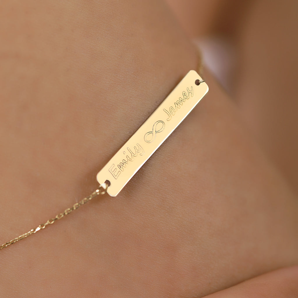 14K Gold Custom Names Infinity Bracelet, Engraved Couples Bar Bracelet, Personalized Two Name Bracelet, Gift for Her