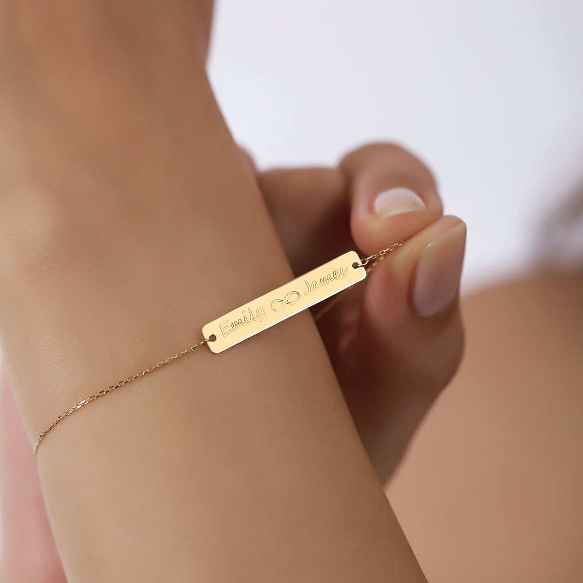 14K Gold Custom Names Infinity Bracelet, Engraved Couples Bar Bracelet, Personalized Two Name Bracelet, Gift for Her