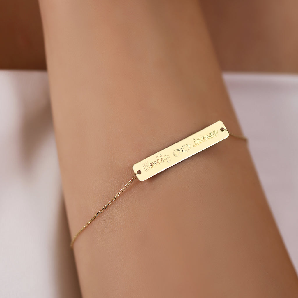 14K Gold Custom Names Infinity Bracelet, Engraved Couples Bar Bracelet, Personalized Two Name Bracelet, Gift for Her