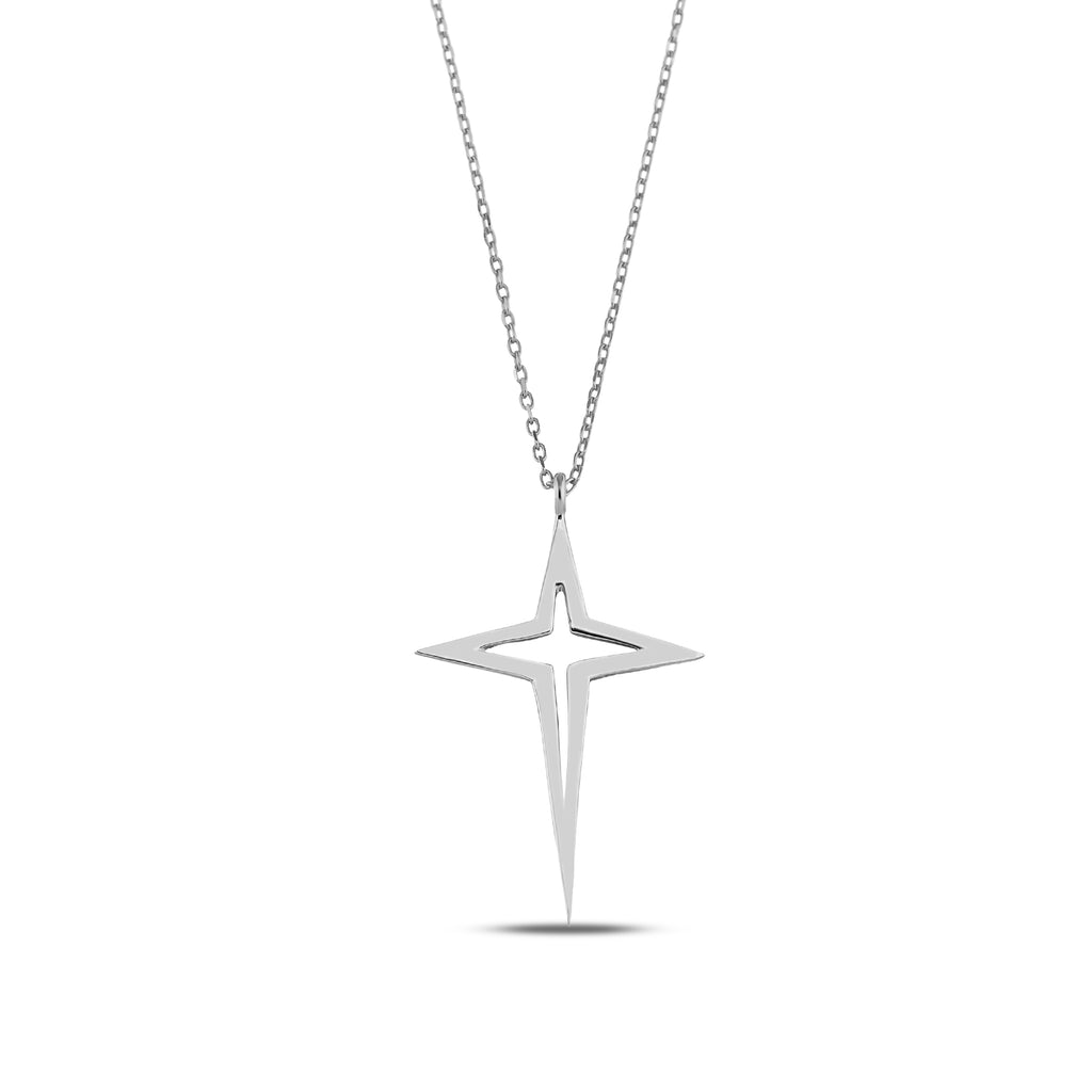 14K Gold North Star Necklace, Sparkle Star Cross Pendant, Open Star Charm, Modern Celestial Jewelry, Gift for Her