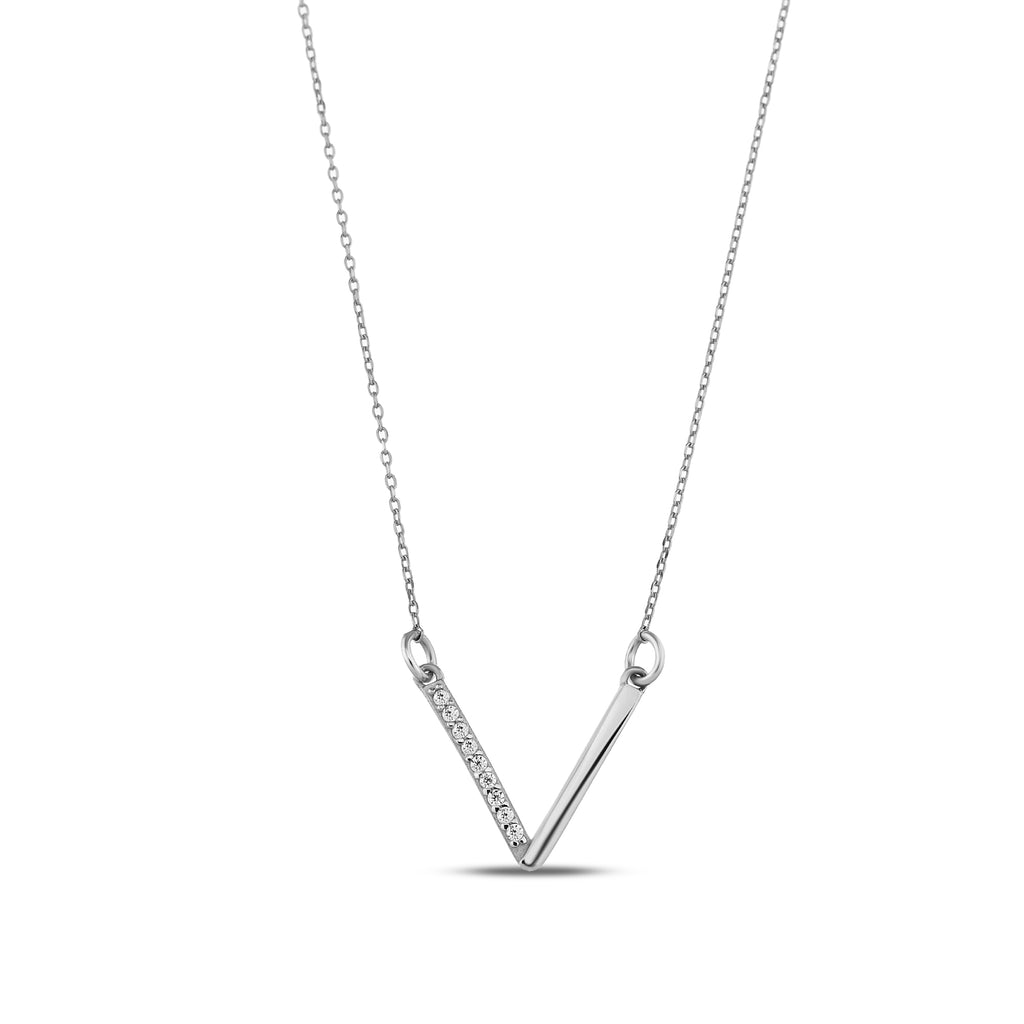 14K Gold Lab Diamond V Necklace, Half Pave Chevron Bar Pendant, Minimalist Geometric Charm, Gift for Her