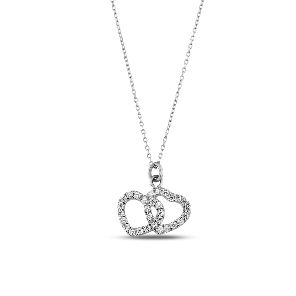 14K Gold Double Heart Necklace, CZ Interlocking Hearts Pendant, Linked Hearts Charm, Gift for Her