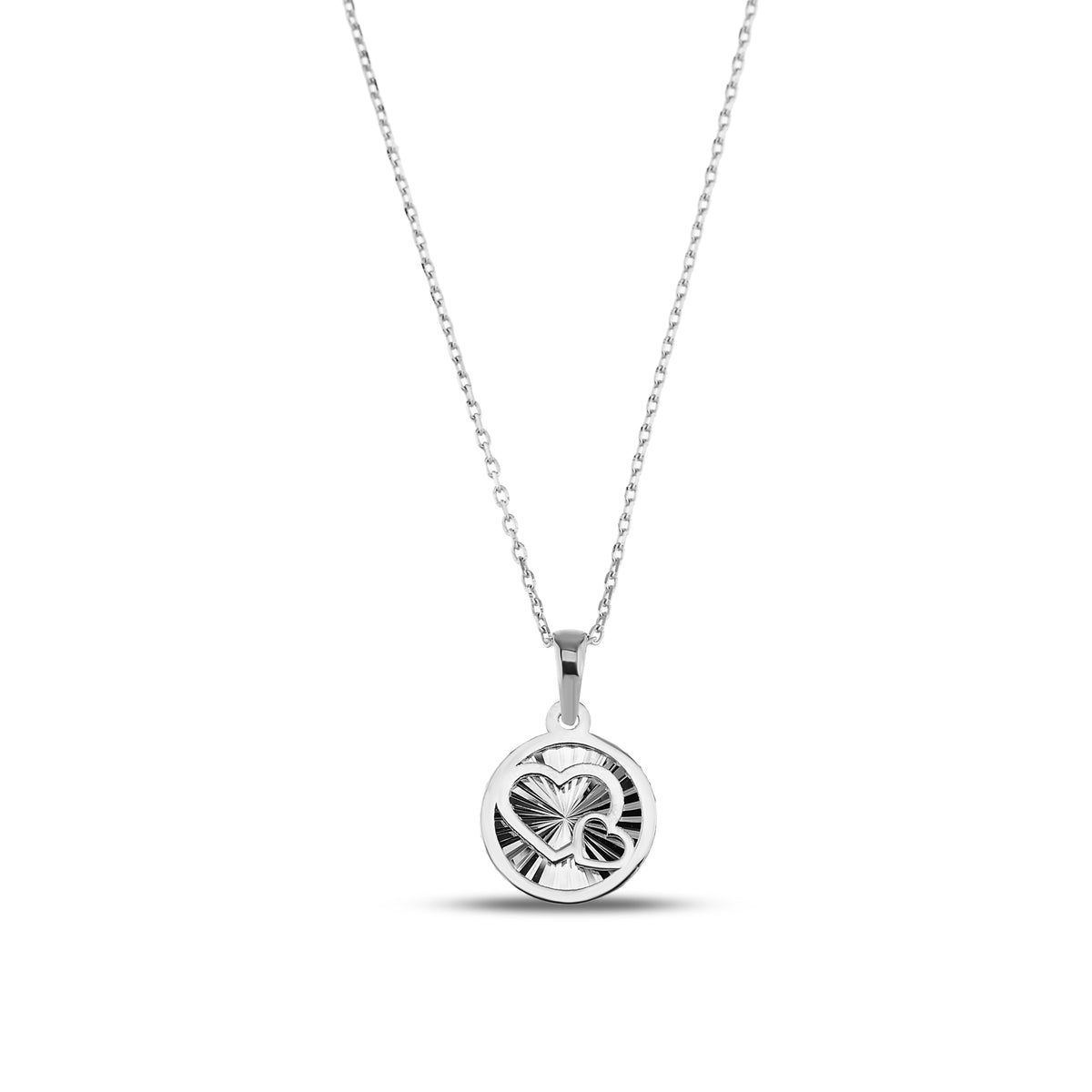 14K Gold Heart Medallion Necklace, Diamond Cut Double Heart Coin Pendant, Dainty Round Disc Necklace, Valentine's Gift for Her