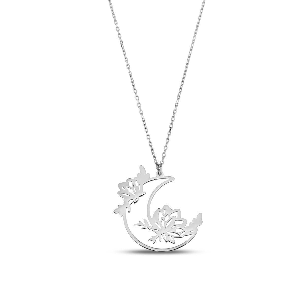 14K Gold Moon Flower Necklace, Crescent Moon Floral Pendant, Celestial Lotus Charm, Boho Necklace, Gift for Her