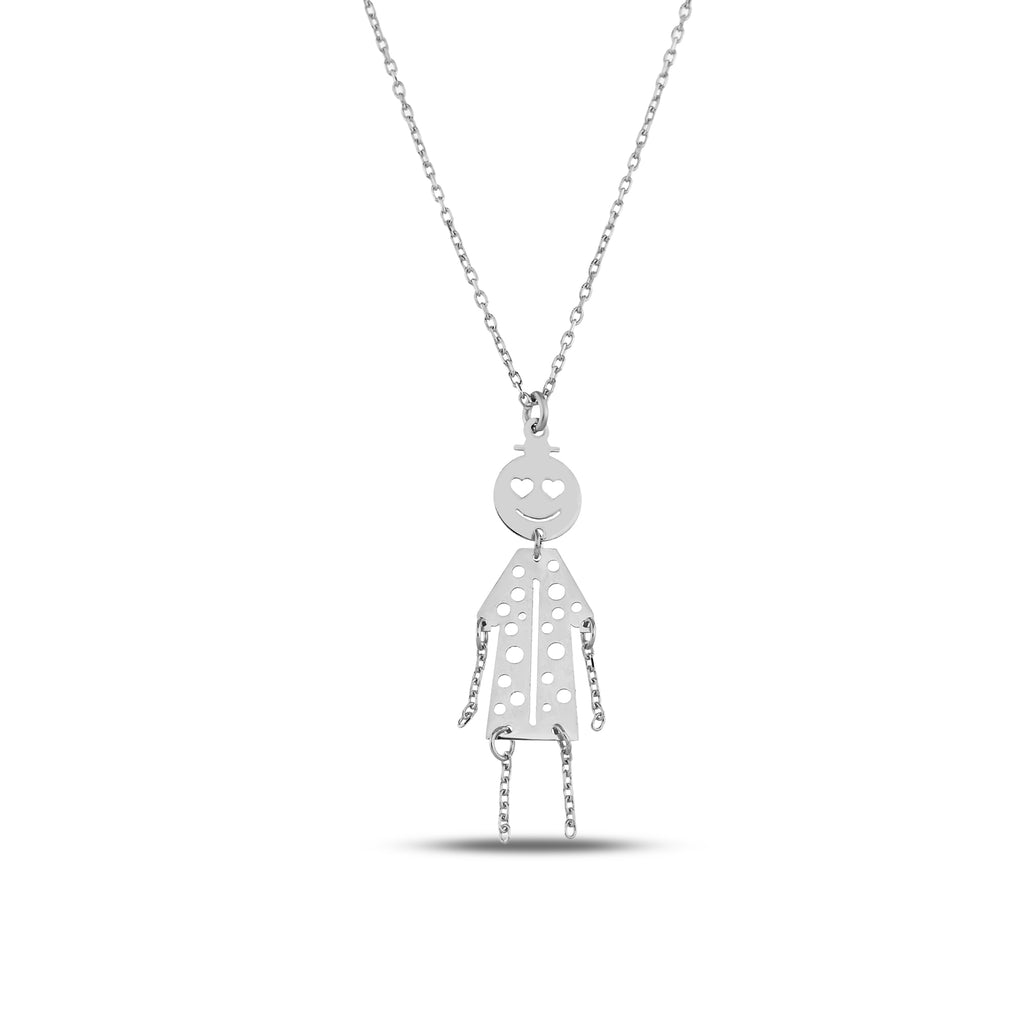 14K Gold Little Girl Charm Necklace, Whimsical Heart Eyes Doll Pendant, Polka Dot Dress Charm, Fun Gift for Her