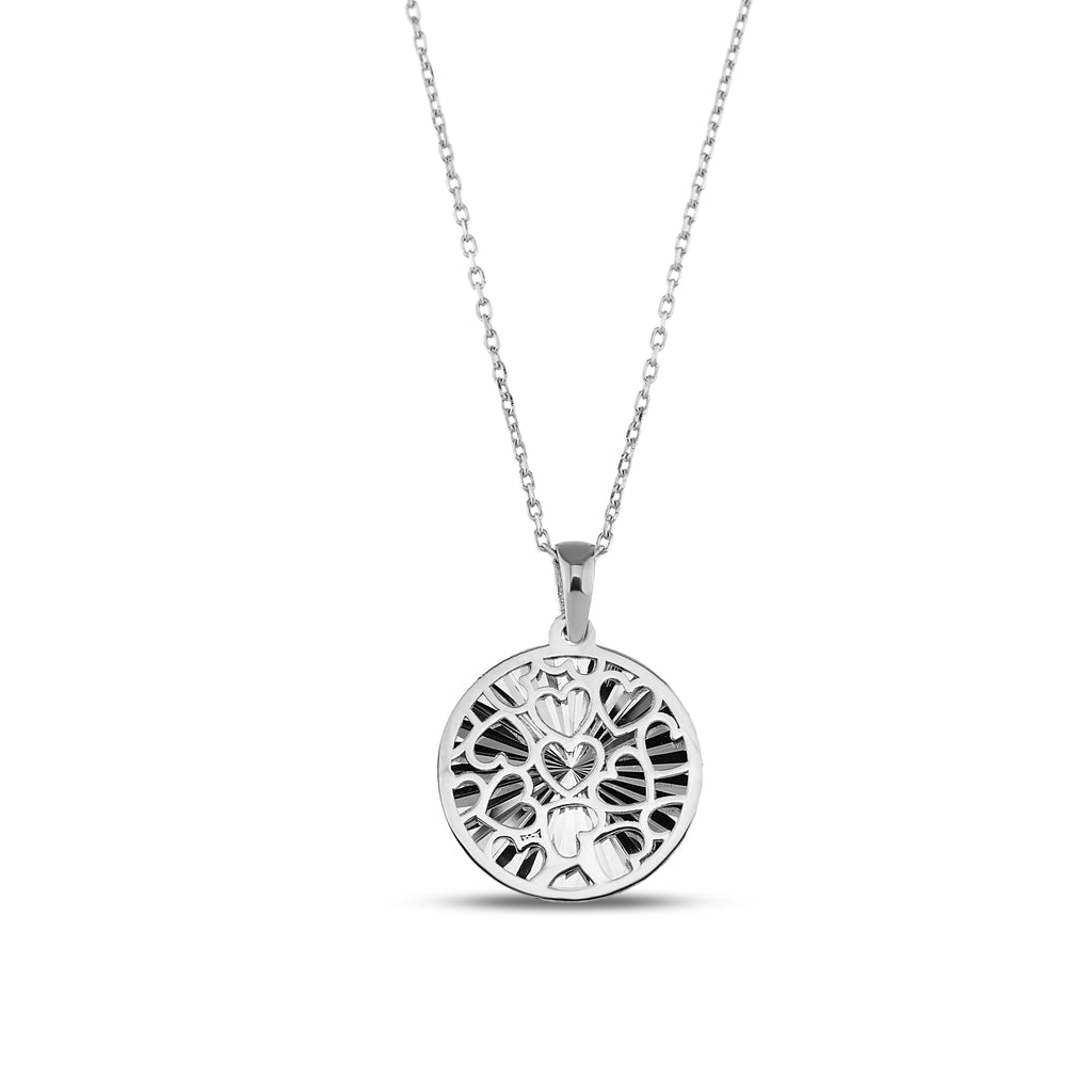 14K Gold Heart Cluster Coin Necklace, Diamond Cut Filigree Medallion Pendant, Dainty Round Disc, Gift for Her