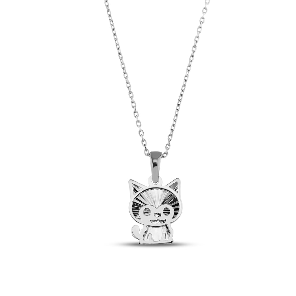 14K Gold Cat Necklace, Diamond Cut Kitten Charm, Cute Cartoon Cat Pendant, Playful Jewelry, Gift for Her