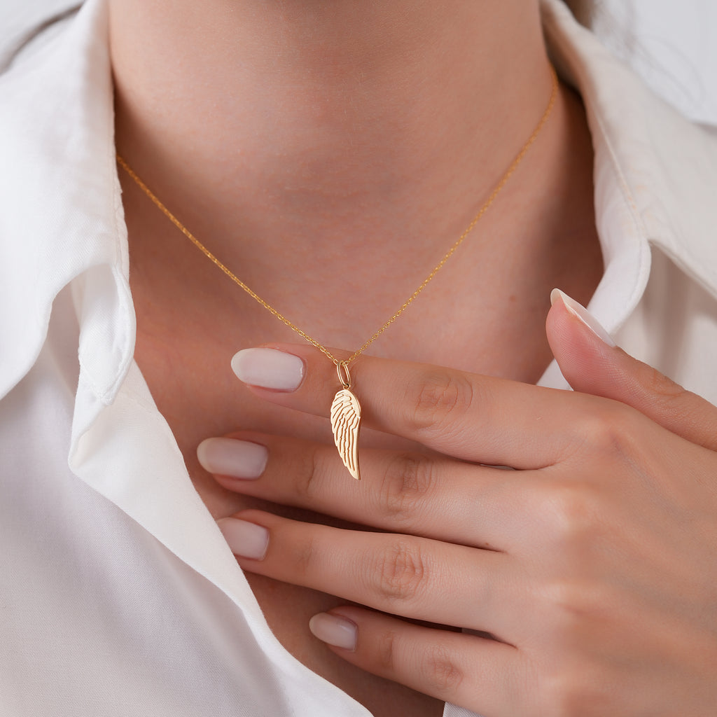14K Gold Angel Wing Charm, Detailed Feather Pendant, Spiritual Memorial Jewelry, Symbolic Wing Charm, Gift for Her