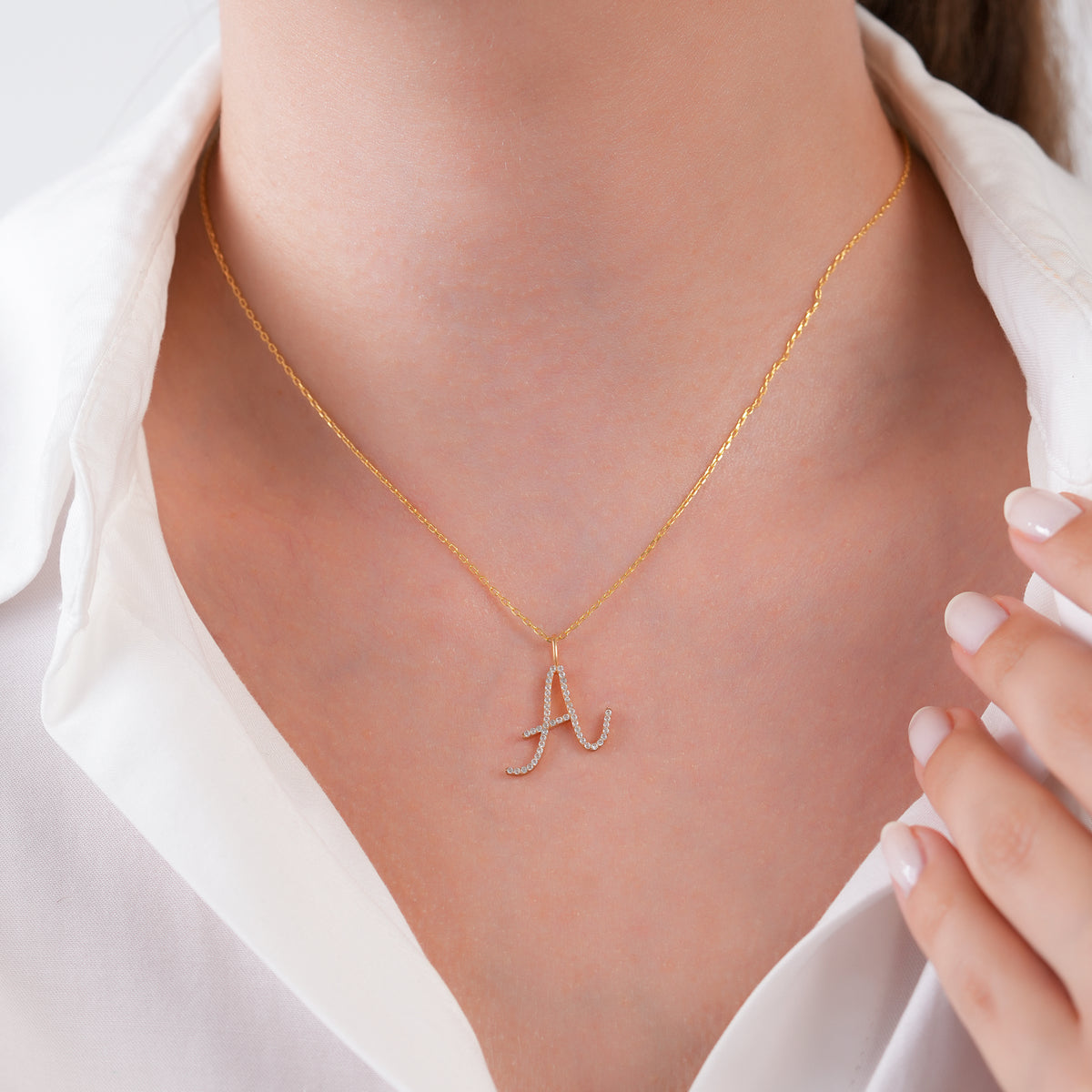 14K Gold Cursive Letter Charm, Pave Lab Diamond Script Initial Pendant, Personalized Alphabet Charm A-Z, Elegant Letter Jewelry
