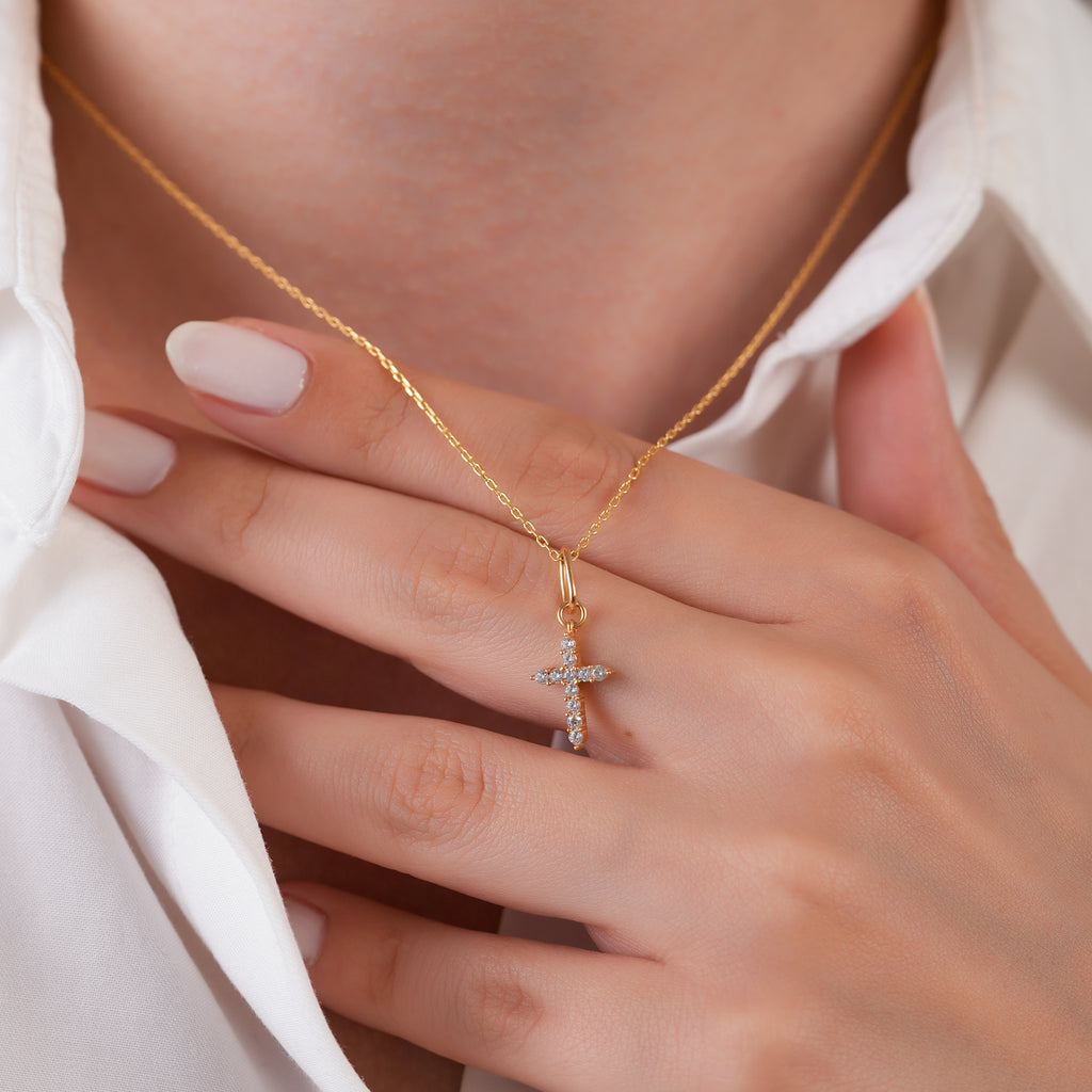 14K Gold Lab Diamond Cross Charm, Prong Set Sparkling Cross Pendant, Bold Faith Jewelry, Statement Christian Charm, Gift for Her