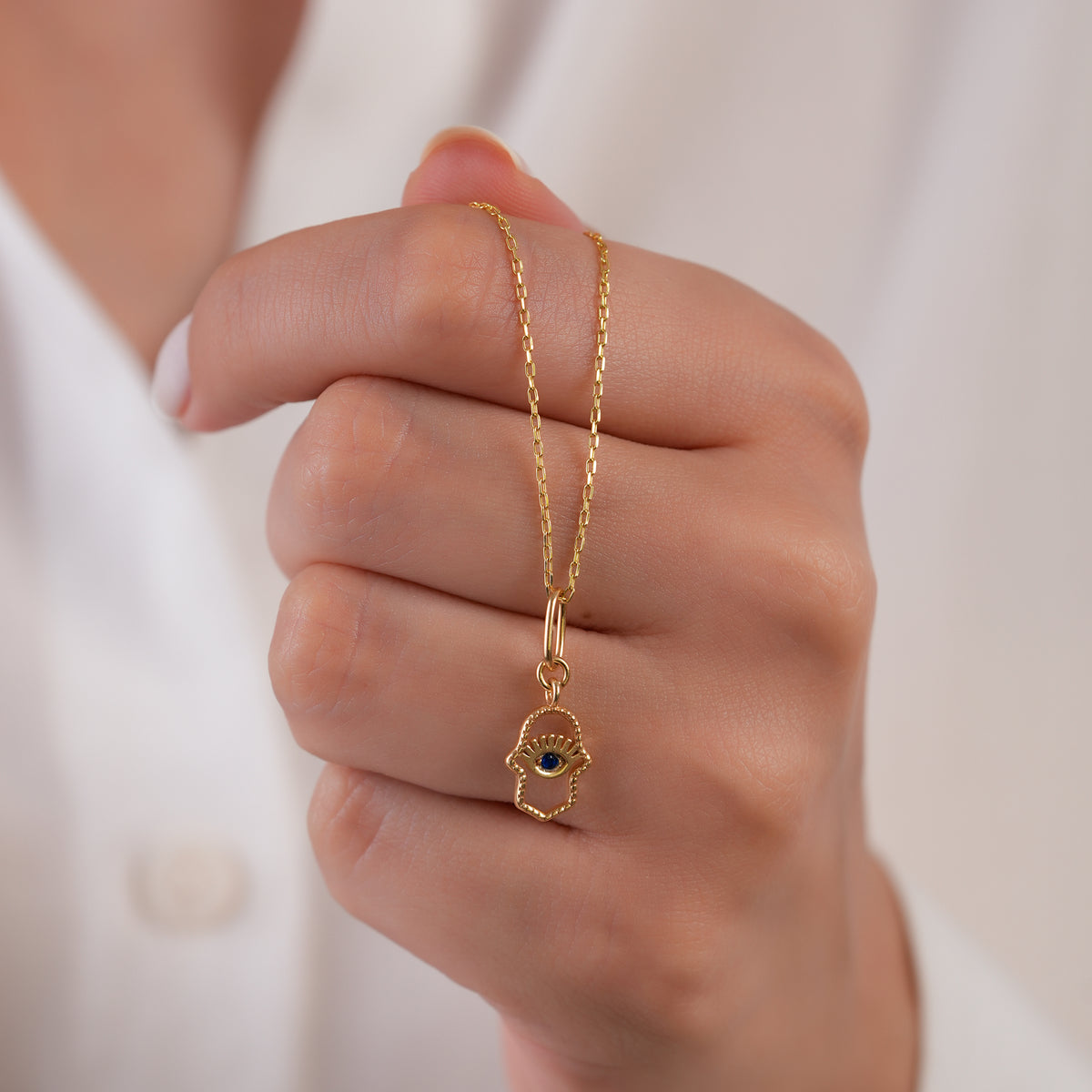 14K Gold Hamsa Evil Eye Charm, Protection Symbol Pendant, Blue Eye Hand of Fatima, Spiritual Talisman Charm, Gift for Her