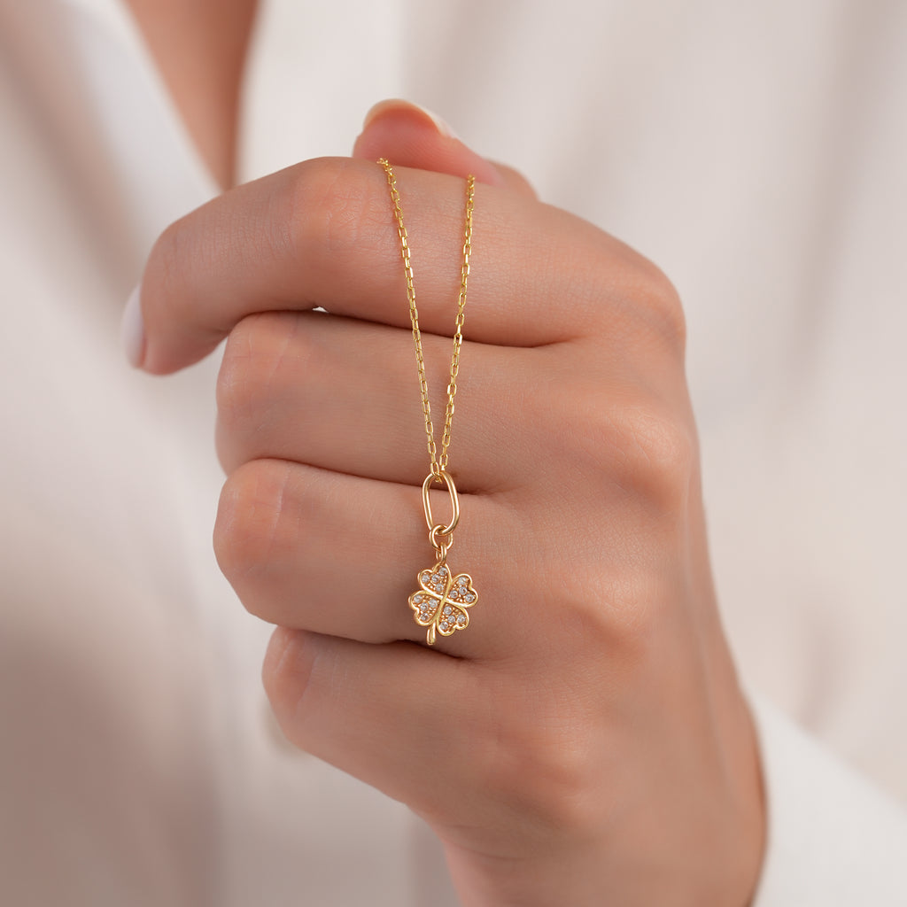 14K Solid Gold Clover Pendant with Lab Diamonds, Four Leaf Clover Necklace, Lucky Charm Jewelry, Gift for Her