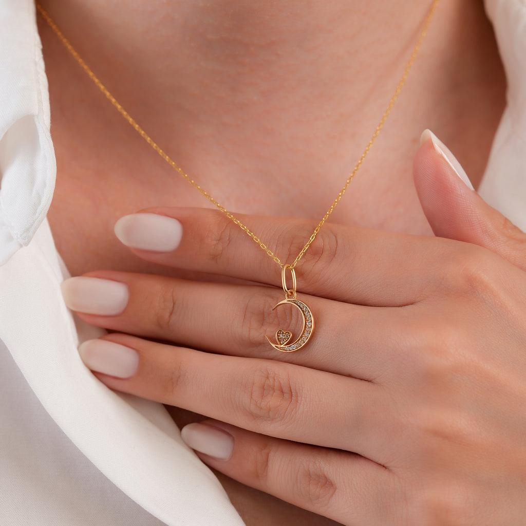 14K Gold Crescent Moon Heart Charm, Pave Lab Diamond Moon Pendant, Celestial Love Charm, Romantic Sky Jewelry, Gift for Her