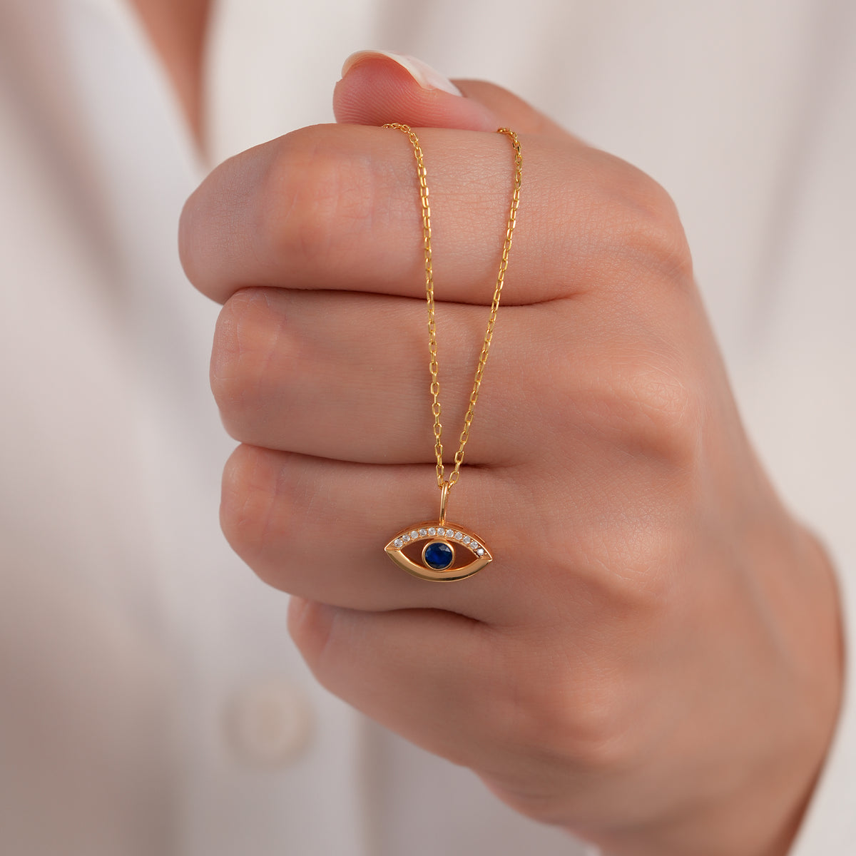 14K Gold Evil Eye Charm, Pave Lab Diamond Sapphire Eye Pendant, Protection Symbol Jewelry, Modern Nazar Charm, Gift for Her