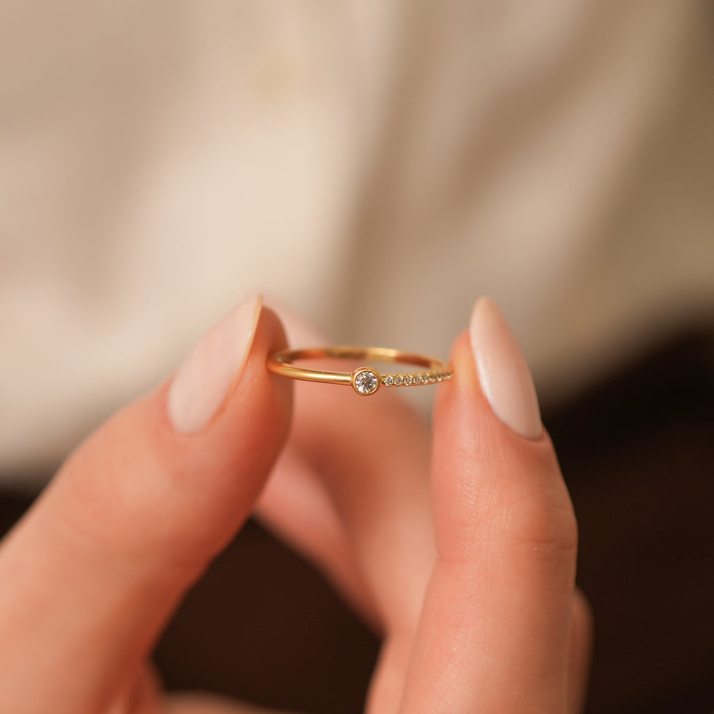14K Gold Bezel Lab Diamond Ring, Pave Stacking Band, Dainty Solitaire Ring, Delicate Sparkle Ring, Gift for Her