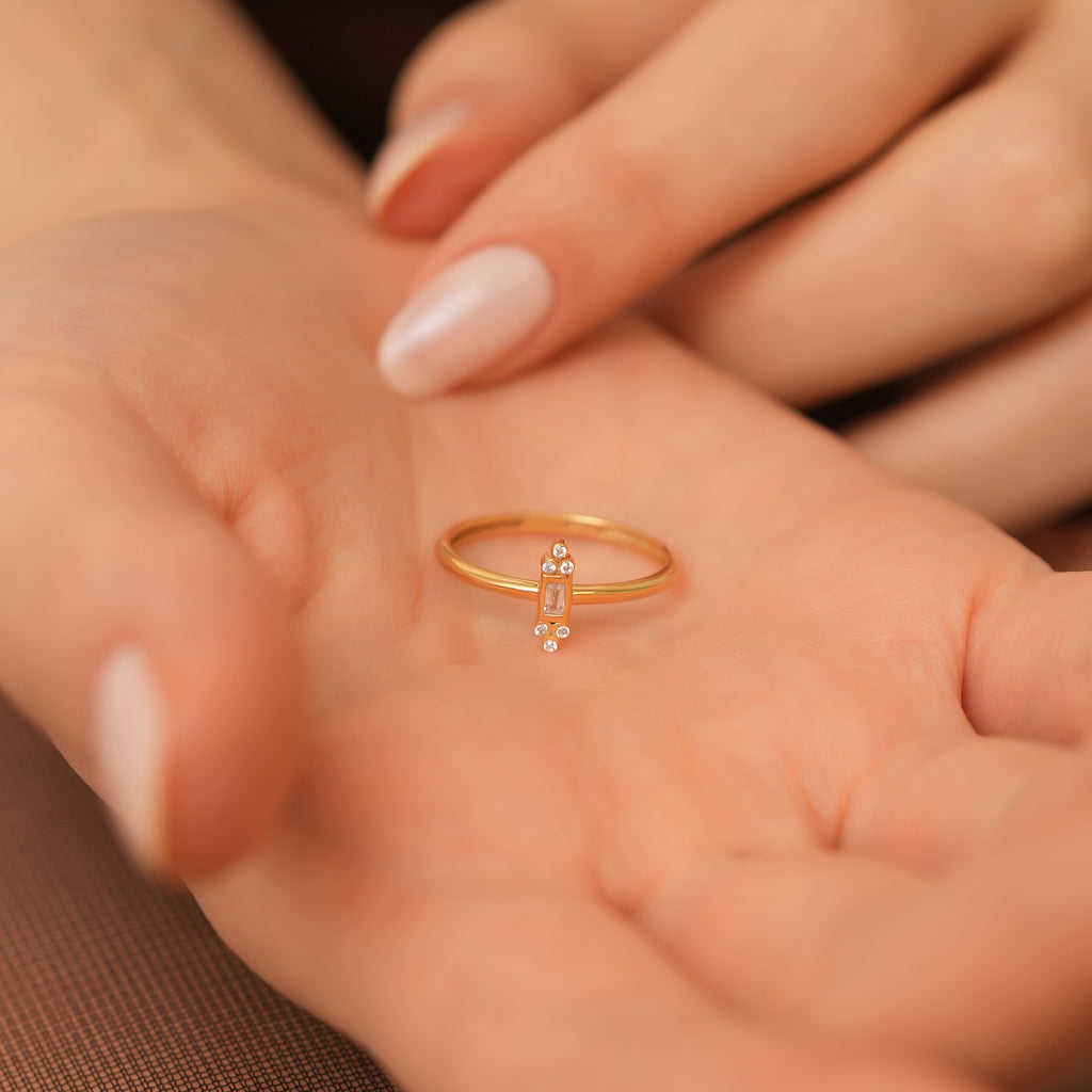 14K Gold Baguette Lab Diamond Ring, Art Deco Bar Stacking Ring, Vertical Diamond Ring, Vintage Style Ring, Gift for Her