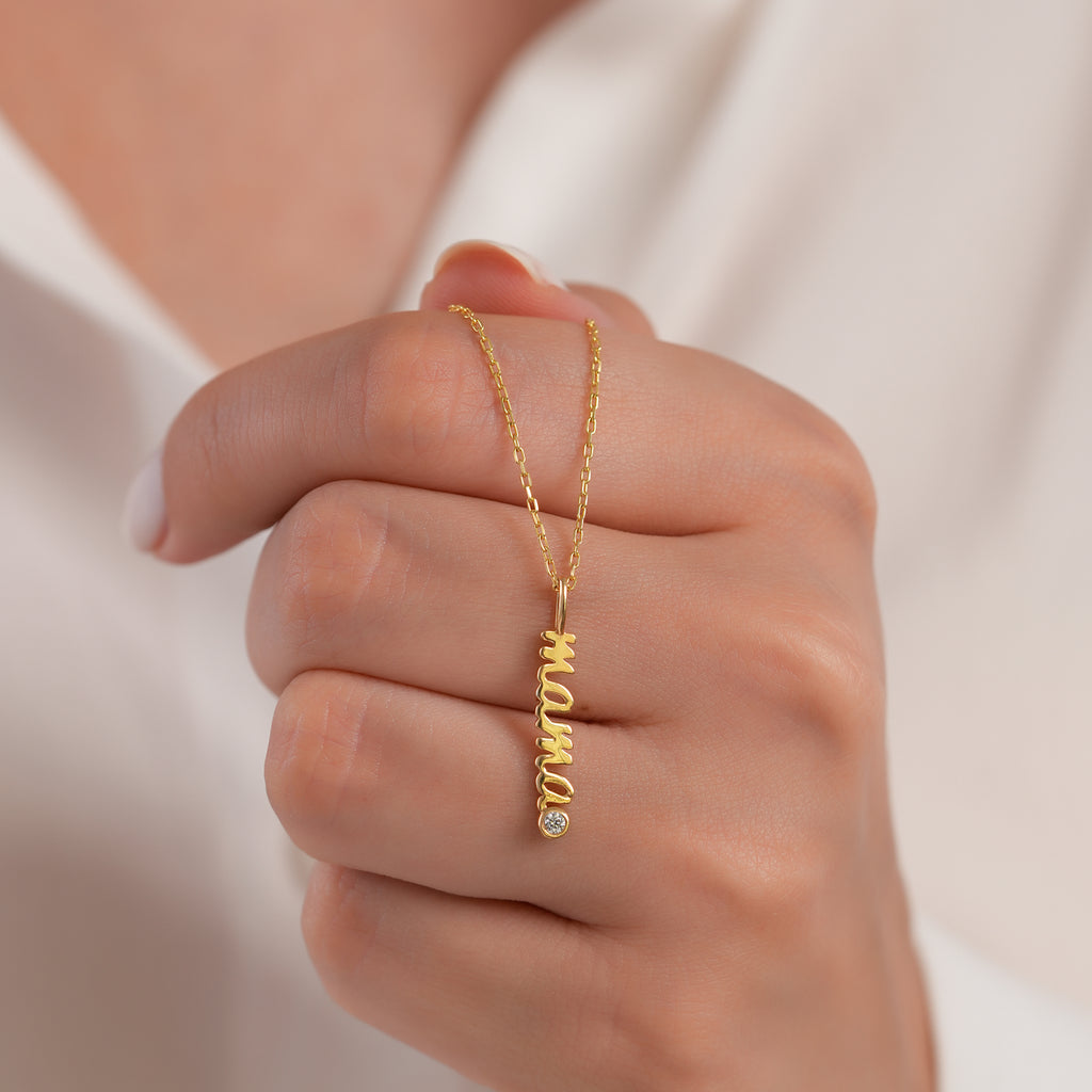 14K Gold Mama Charm, Vertical Script Pendant, New Mom Lab Diamond Accent Charm, Mother's Day Jewelry, Gift for Her